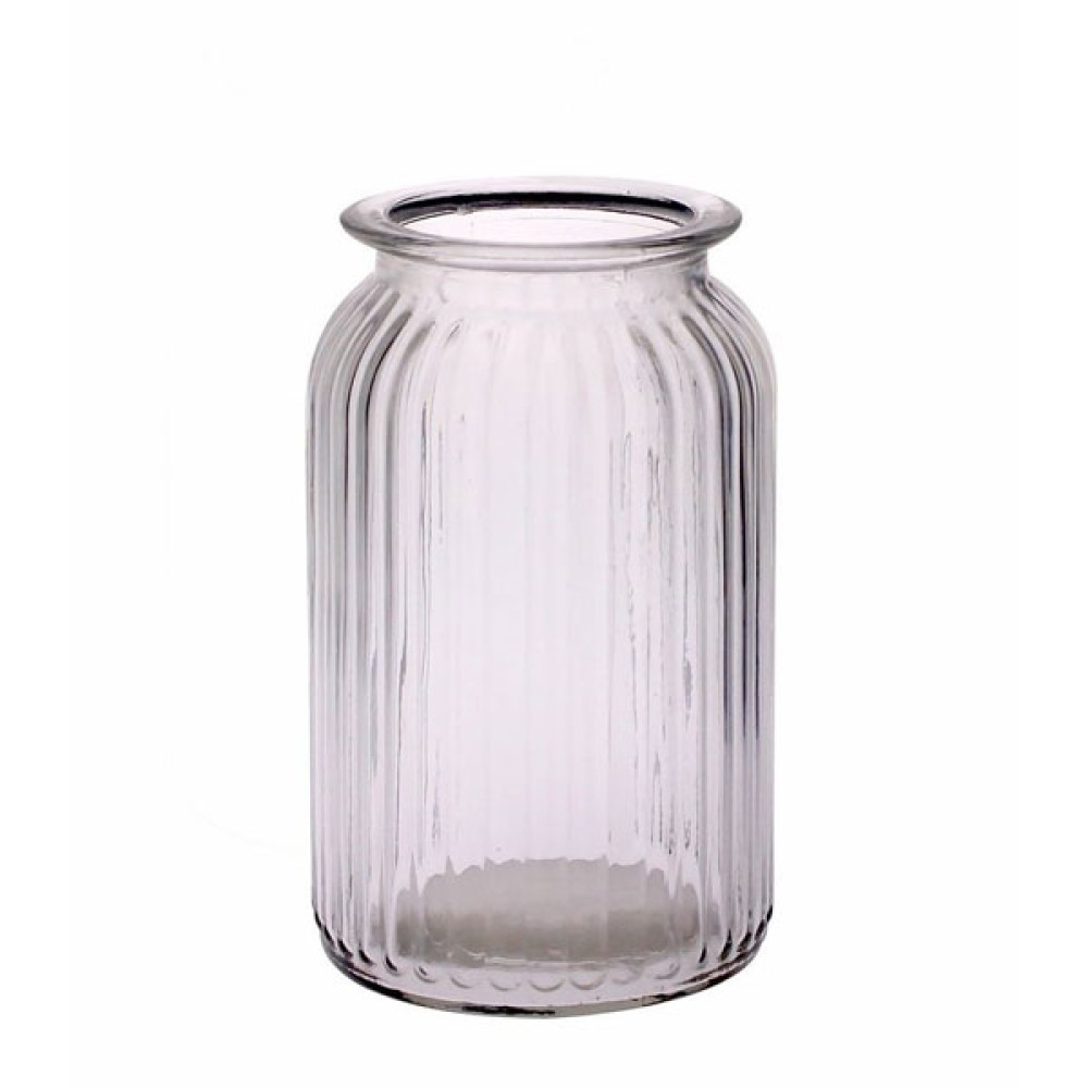 Ribbed Glass Vase 18.5cm Straight Sides Flower Vases